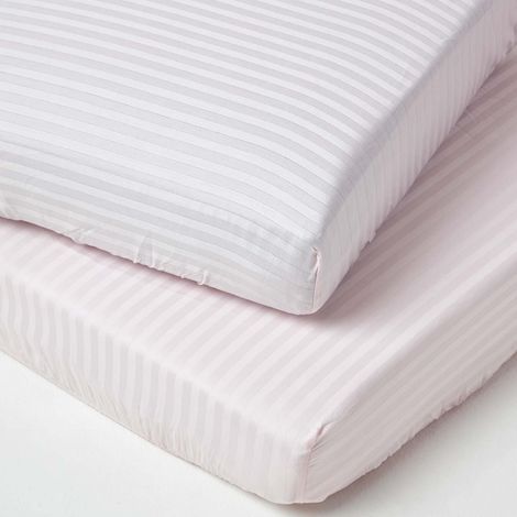 HOMESCAPES Pink Cotton Stripe Cot Bed Fitted Sheets 330 Thread Count, 2 Pack - Pink (1/5)