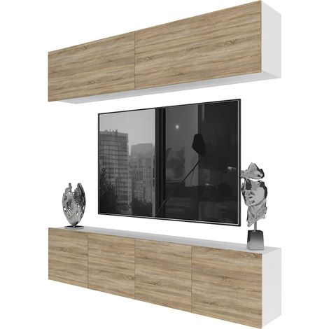 BELINI Meuble TV Mural Milano 6 200 cm - Suspendu avec Systeme Verin a Gaz - Chêne Sonoma Mat (1/4)
