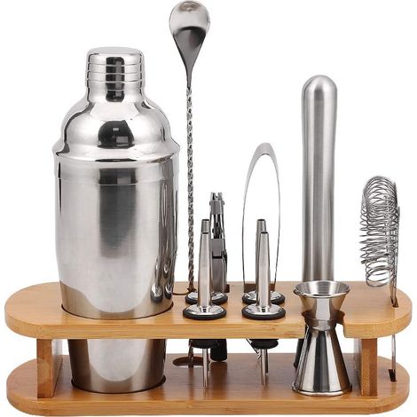 Kit de barman Cocktail Shaker Set, ensemble d'outils de barre en acier inoxydable 10 pièces avec support en bambou, accessoires de barre de mélange de boissons pour barman professionnel à la maison/re (1/5)