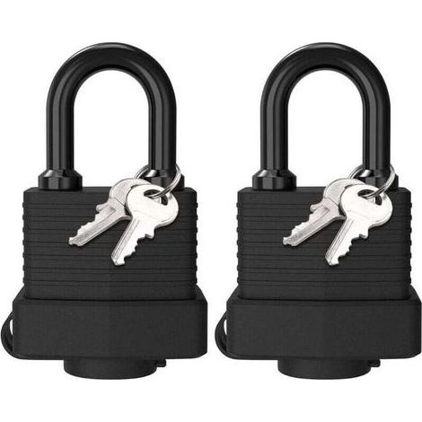 Deux cadenas en laiton étanches, cadenas en acier laminé résistant aux intempéries pour l'extérieur, quatre clés, adaptés aux casiers, salles de sport, garages, clôtures, noirs. (1/4)