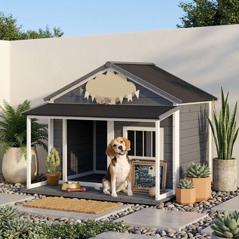 Niche avec terrasse et toit bitumé bois gris pour chien extérieur 124 x 112 x 105 cm style élégant