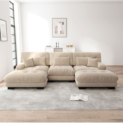 Canapé d’angle modulaire avec pouf, en chenille café clair, design nuage et assise profonde,313x145x81 cm (1/5)