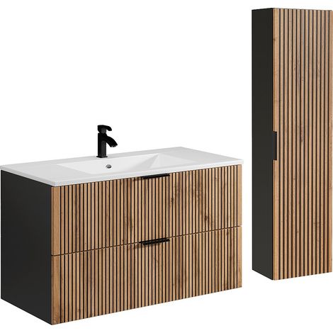 Meuble de salle de bain suspendu strié avec vasque à encastrer et colonne - Naturel clair et noir - 100 cm - MADELA (1/5)