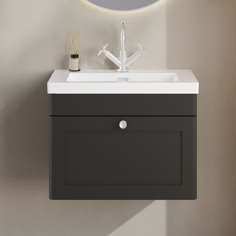 Nuie Classique Wall Hung 1-Drawer Vanity Unit with 1TH Minimalist Basin 600mm Wide - Satin Anthracite (1/5)