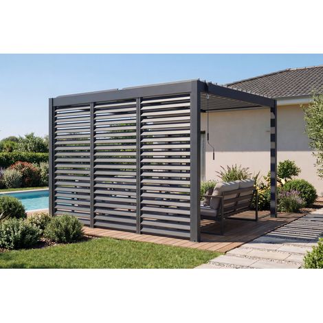 PIANA freistehende, bioklimatische Pergola 3x2,5m, graues Aluminium mit 3 Sichtschutzlamellen
