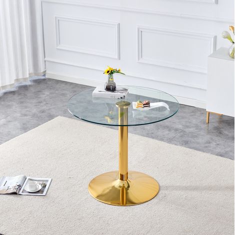 Mesa alta redonda 85x85x76 cm de vidrio y metal dorado, moderna para bar y cocina FloraGrace (1/5)