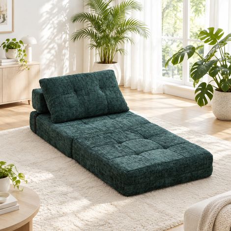 Divano letto pieghevole 79 x 180 x 18 cm in ciniglia verde scuro con cuscino DESVIAE (1/5)