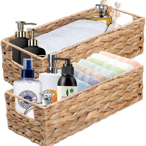 Panier de Rangement, Tissé Boite avec Poignées, Organisateur de Maquillage, Corbeille Osier, pour Cuisine, Salle de Bain, Bureau, Jacinthe d’Eau (1/5)