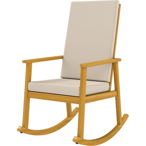 Fauteuil à bascule en bois d'acacia beige, dossier haut avec coussin, charge max 160 kg, 60x89x107 cm