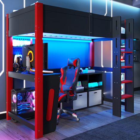 Lit Mezzanine Enfant 90x200 cm avec Bureau, Panneau Perforé, LED Réglables par Appli, Échelle et Garde-Corps, sans Matelas, Bois de Pin - Noir (1/5)