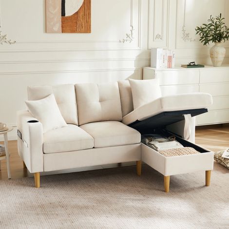 Canapé d'angle réversible 3 places,Avec Porte-gobelets et Rangement,175×129×90cm,Beige (1/5)