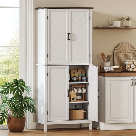 Buffet haut cuisine 6 niveaux 4 portes à chevrons et 4 étagères réglables armoire de cuisine blanc 76x40x178.5cm finition de qualité