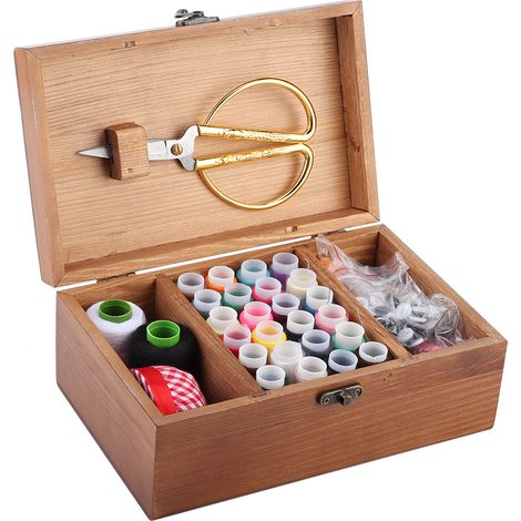 Coffret de couture multifonction en bois vintage, boîte de rangement pour aiguilles et fils, kit DIY de couture et tricot, motif tour à coudre.