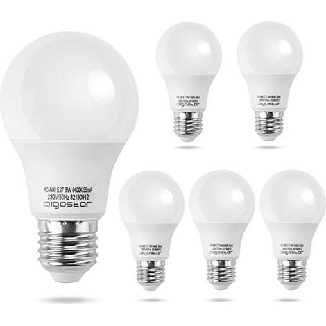 Aigostar - Bombilla LED E27 6W, Luz blanca fría 6400K, 510lm， Ángulo 280°, no regulable - 5 unidades [Clase de eficiencia energética A+]