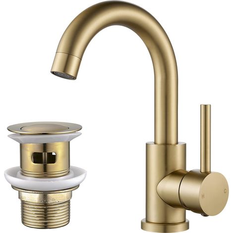 Robinet de lavabo avec bonde de vidage en laiton massif Doré (1/5)