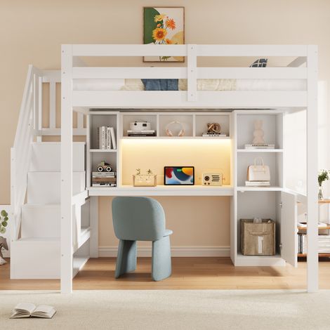 Lit mezzanine 140x200 avec bureau et led - pin massif et mdf - escalier rangement et étagères - prises eu - charge 120kg - blanc (1/5)