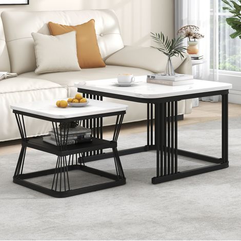 MEUBLIV 2er-Set Beistelltische 65x65x45 cm Weiß – Marmoroptik, einfache Montage (1/5)