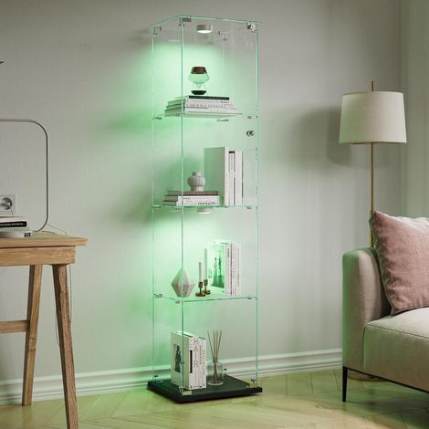 Glasvitrine mit LED-Beleuchtung, 4 Etagen, 1 Tür, schwarz (1/5)