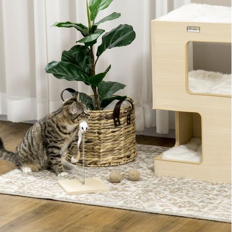 Niche pour chat à 2 niveaux avec jouet, 34 x 34 x 60 cm, naturel et gris clair DESVIAE (1/5)