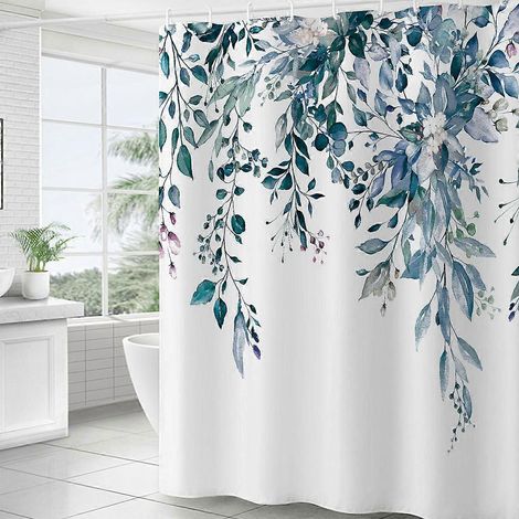 Rideau de douche à motif eucalyptus vert, motif floral aquarelle rose, décoration de salle de bain, 180 x 91 cm, avec crochets (1/5)