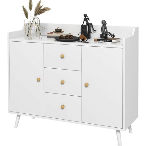Moderne Holzanrichte mit 3 Schubladen und 2 zweistöckigen Schränken, 90 x 32 x 80 cm, Weiß
