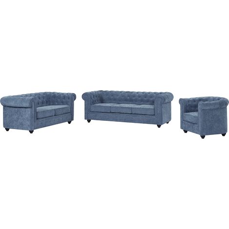 Divani 3 posti 2 posti e una poltrona in tessuto blu CHESTERFIELD (1/5)