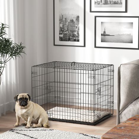 Hundebox, faltbare Hundetransportbox mit 2 Türen, herausnehmbarer Wanne, waschbarem Kissen, 76 x 53 x 60 cm, schwarz