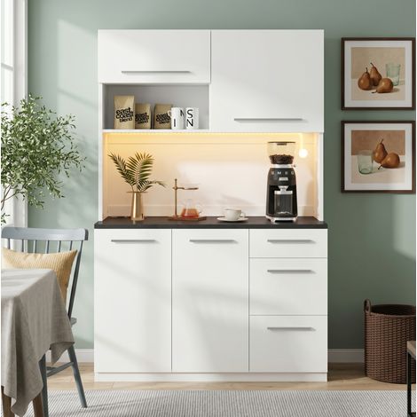 Buffet rangement 120x40x180 cm avec prises et LED, blanc HAVRYA (1/5)