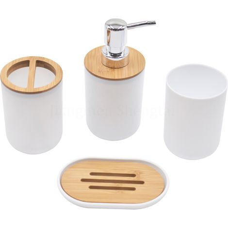 Badezimmer-Accessoire-Set bestehend aus Zahnbürstenhalter, Seifenschale, Lotionspender, Mundspülbecher und einem kompletten Set an Badezimmeraccessoires. – AquaForge (1/5)