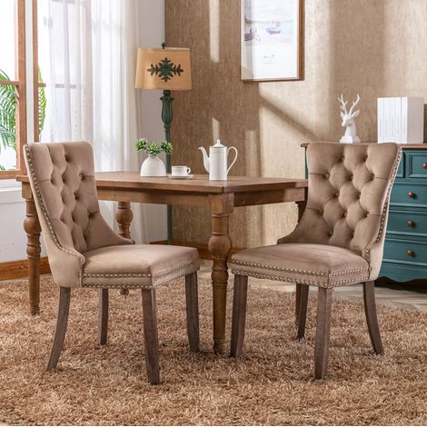 Silla de comedor de terciopelo color caqui con estructura de madera maciza y respaldo alto,65×50×95cm (1/5)