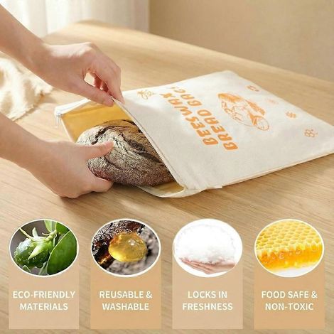 Lot de 2 sacs à pain extra-larges en cire d'abeille avec fermeture éclair - sacs de conservation du pain réutilisables avec doublure en cire d'abeille naturelle et écologique. (1/5)