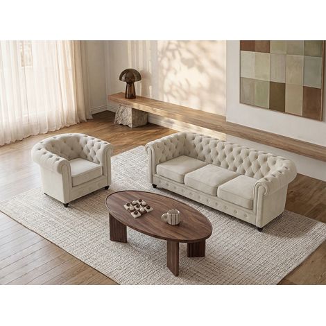 Canapé 3 places et fauteuil en velours beige CHESTERFIELD (1/5)