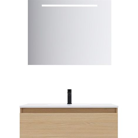 Meuble de salle de bain suspendu vasque intégrée 90cm 1 tiroir Chêne clair + miroir - Hudson (1/5)