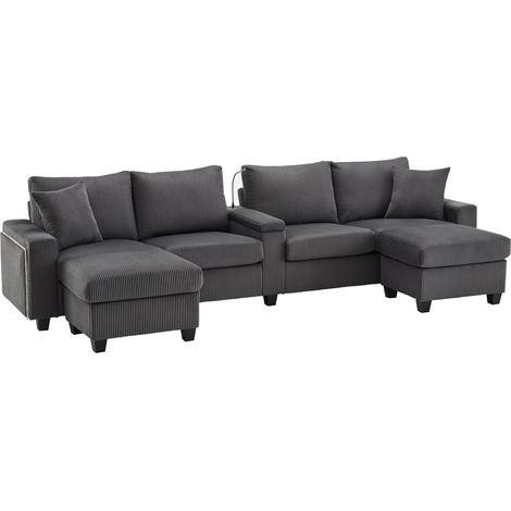Divano angolare a U in velluto a coste grigio con 2 pouf, LED, USB e Type-C, 334 x 128,5 x 81 cm (1/5)