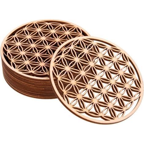 CSPARKV Fleur de Vie Dessous de Verre - sous Verre en Bois Set de 10 Pièces 10x10cm - Fleur de Vie pour Purification et Méditation - Symboles Spirituels en Bois (1/4)