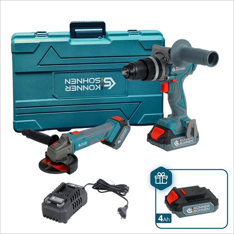 Conjunto Maestro Könner & Söhnen KS IDAGB 20V SET 1 PLUS: Taladro Percutor 80Nm Brushless, Amoladora 125mm, 3 Baterías (2x4Ah, 1x2Ah) y Maletín PRO (1/5)