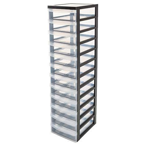 Iris Ohyama, Tour de rangement plastique sur roulettes A4, 12 Petits Tiroirs, Noir, DC-012
