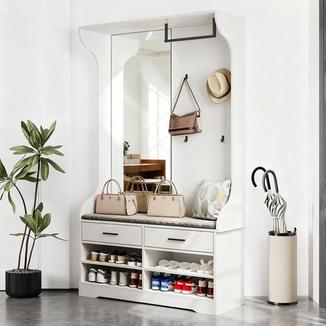 BSMGSGN-Porte-manteau sur Pied avec Miroir - 4 Crochets, Range-Chaussures Intégré - Meuble Porte-Manteau Multifonction Blanc (1/5)