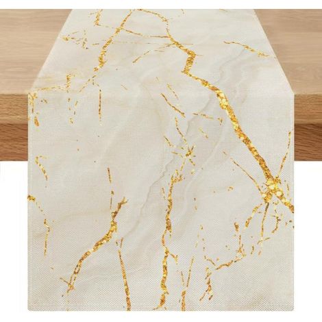 Chemin de table aspect marbre blanc doré 40x140 cm aspect lin abstrait