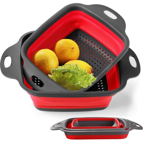 Lot de 2 passoires pliables pour cuisine, passoire en silicone de 29,2 cm et passoire en silicone de 24,1 cm pour égoutter les pâtes, les légumes, les fruits, les aliments de cuisine (rouge)