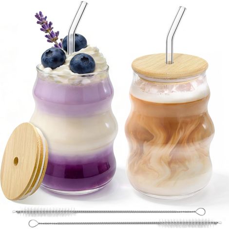 Lot de 2 Verre,Paille,Borosilicate,Couvercle,530ml,Bulle,Lavage,Maison (1/5)