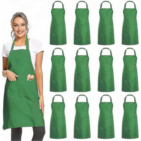 Tablier de cuisine uni avec 2 poches, lot de 12 - Bleu, tablier commercial unisexe pour restauration, barbecue, peinture et travaux manuels (1/2)