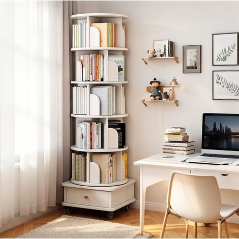 Libreria girevole 360° 46x56x173 cm in MDF bianco con cassetto – MEUBLIV (1/5)