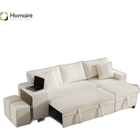 Canapé en velours côtelé beige avec rangement, port USB et accoudoirs 231 x 131,5 x 84 cm HOMAIRE (1/5)