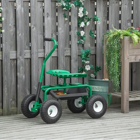 Carrito de jardín con asiento giratorio, 81x44.5x46 a 59 cm, altura ajustable, cesta de almacenaje, metal, verde (1/5)