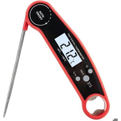 Thermometre Cuisine - Sonde Cuisson Viande - Pour Barbecue BBQ Aliments - Écran LCD - Marche Arrêt Automatique - Rouge - 1 Pièce (1/4)