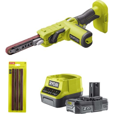 Confezione RYOBI - Lima elettrica 18V OnePlus R18PF-0 - Kit 3 nastri abrasivi - 1 batteria 2.0Ah - 1 caricatore