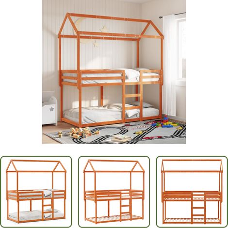 Kinderzimmer -  Etagenbett mit Dach Wachsbraun 90x190 cm Massivholz Kiefer