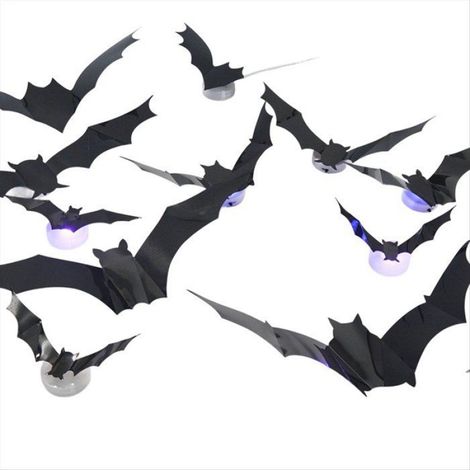 Lot de 36 Chauve-souris, Sticker LED, Ailes pliables, PVC résistant, Intérieur Extérieur, Halloween (1/5)
