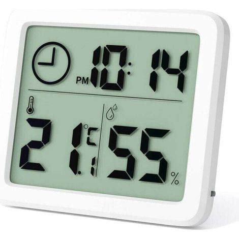 Mini-Digitalthermometer für den Innenbereich, XU, professionelles, tragbares Hygrometer mit großem Display und Uhr. Präzises, weißes Messthermometer für Zuhause, Kinderzimmer, Büro und Gewächshaus. – 